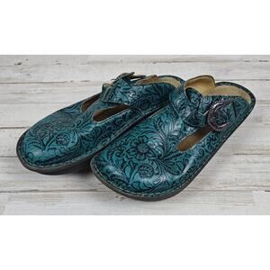 ALEGRIA Mules, Clogs, Slip Ons Greenish/Bluish Leather w/a Floral Pattern